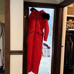 Women's Red Ski Jumpsuit with Black Fur Trim